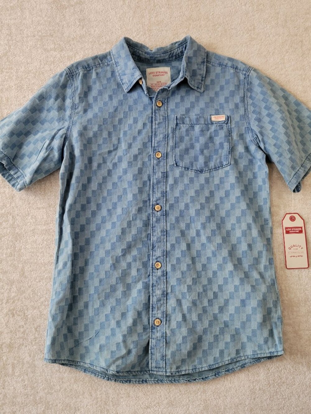 Levi Strauss Signature Checkered Denim Button Down Shirt Boys XL Blue 14-16 yrs